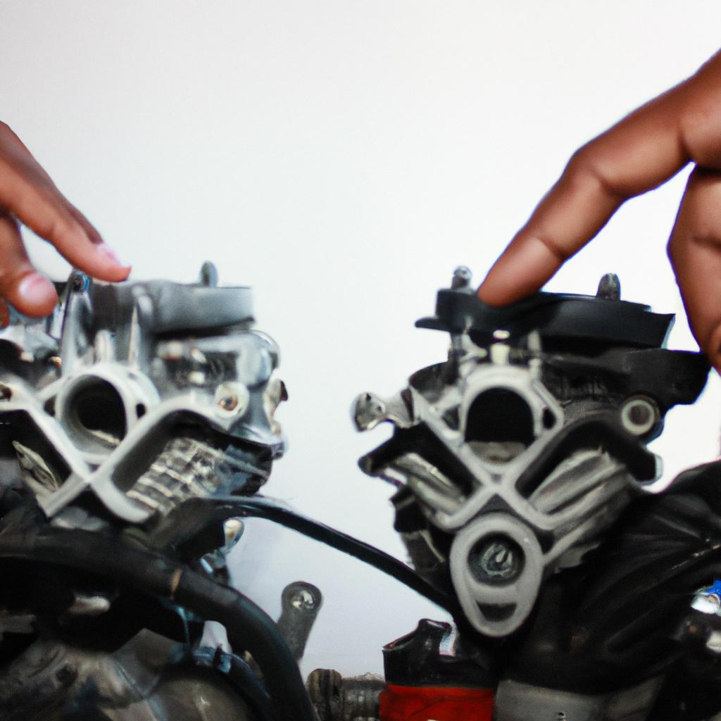 Person comparing motorcycle engine options