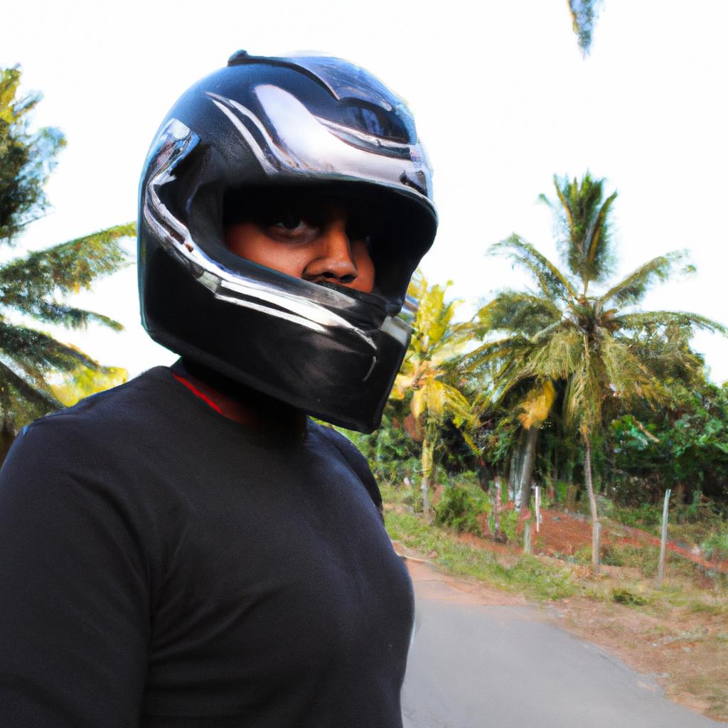 Person wearing motorcycle helmet, posing
