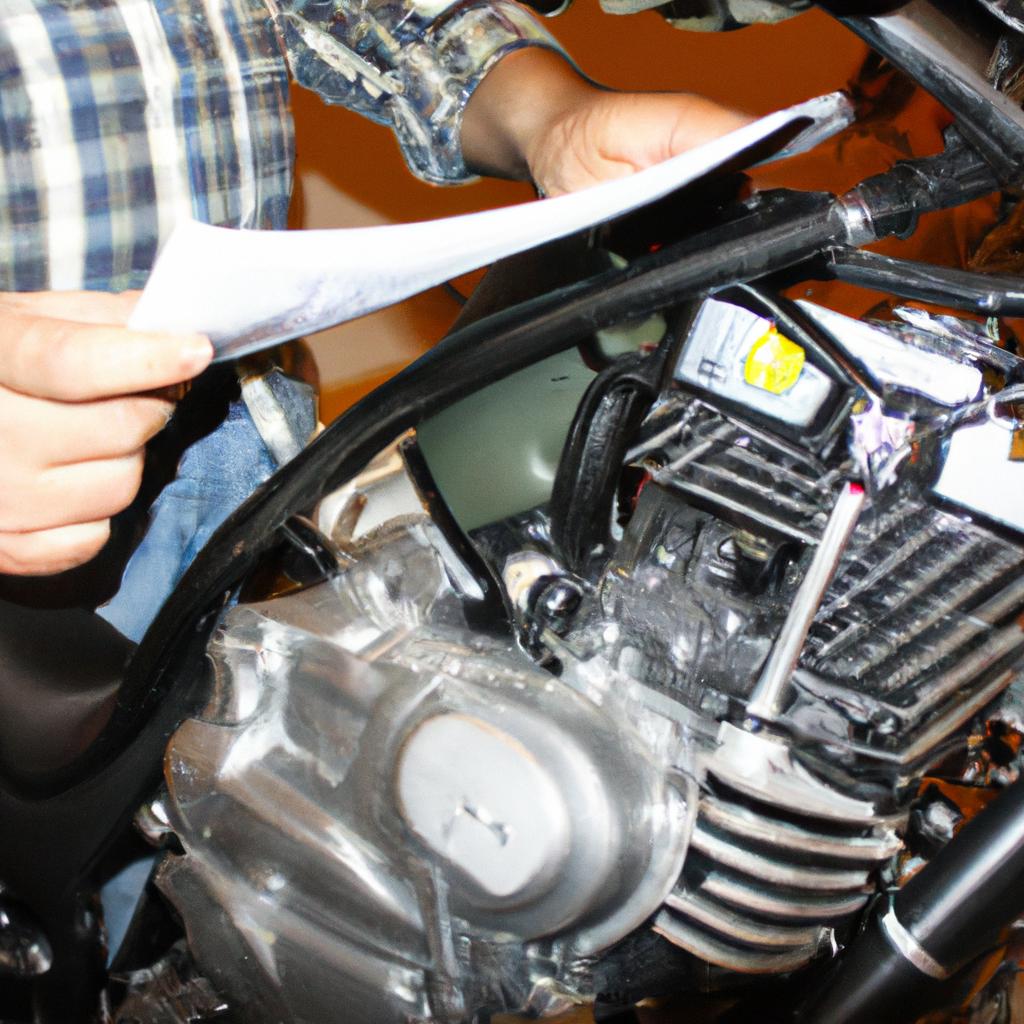 Person examining motorcycle engine options
